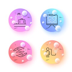Vision board, Baggage reclaim and Business idea minimal line icons. 3d spheres or balls buttons. Helping hand icons. For web, application, printing. Eye check, Baggage carousel, Work planning. Vector