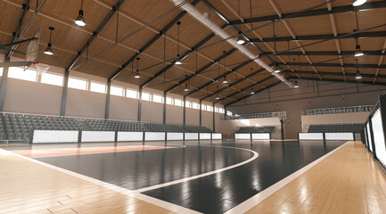 Basketball court with hoop and tribune mockup, side view