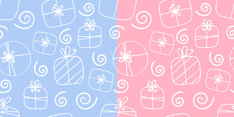 Obraz premium Different gift boxes, presents, seamless vector pattern, design for Birthday, New year, Christmas, hand-drawn