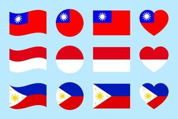 Taiwan, Indonesia, Philippines flag vector illustration. Indonesian, The Philippines, Taiwanese official flags icons. Asian states geometric symbols shapes set for travel, patriotic, sport designs