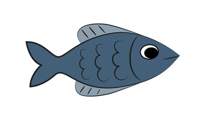 Cute cartoon isolated blue fish on a transparent background