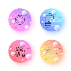 Sleep, Romantic dinner and Discount minimal line icons. 3d spheres or balls buttons. Shopping icons. For web, application, printing. Sleeping family, Restaurant food, Sale. Holiday packages. Vector