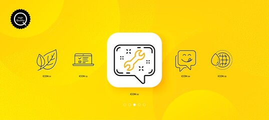Fototapeta na wymiar World water, Spanner and Yummy smile minimal line icons. Yellow abstract background. Leaf, Web lectures icons. For web, application, printing. Aqua drop, Repair service, Emoticon. Ecology. Vector