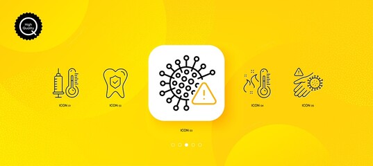 Fototapeta na wymiar Thermometer, Covid virus and Wash hand minimal line icons. Yellow abstract background. High thermometer, Dental insurance icons. For web, application, printing. Vector