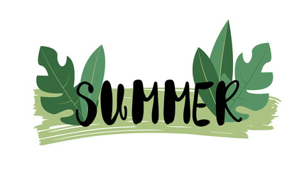 Summer hand written banner or poster, decorated with palm leaves 