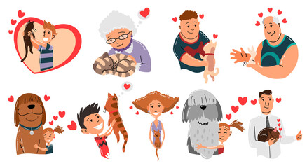 People and pets. Cat, dog and rabbit pet owner characters. Man and womans holding on hands his animals. Peoples love his animals. Cute and adorable domestic animals