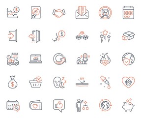 Business icons set. Included icon as Uv protection, World insurance and Exit web elements. Stars, Delivery, Chemistry pipette icons. Cardio training, Like, Calendar web signs. Vector