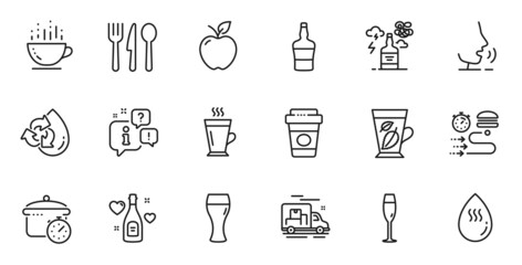 Outline set of Love champagne, Takeaway coffee and Coffee cup line icons for web application. Talk, information, delivery truck outline icon. Vector