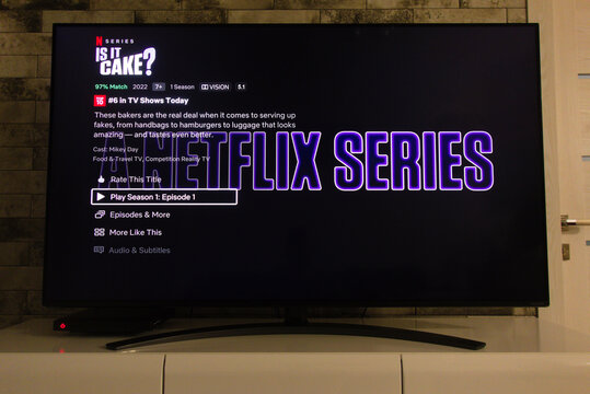 KONSKIE, POLAND - April 02, 2022: Netflix platform on tv screen playing Is It Cake? reality series