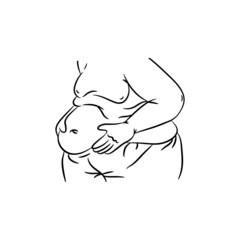 Obraz premium Fat male belly in hands. Hand drawn outline vector illustration.