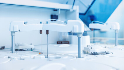 Laboratories with automatic biochemical analyzer. Medical laboratory equipment biomedical banner...