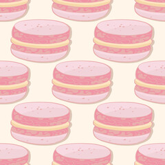 macaroon, cake, meringue, pink cookies, on a light background, hand contour drawing, seamless pattern