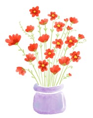 Digital paint watercolor technique illustration of cute red wild flower or poppy flower bouquet in blue pot represent refreshing of spring season greeting idea for card and decoration