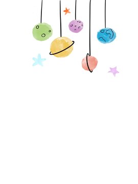 Digital paint watercolor technique of cute stars and planet are hanging from above; idea for card and decoration