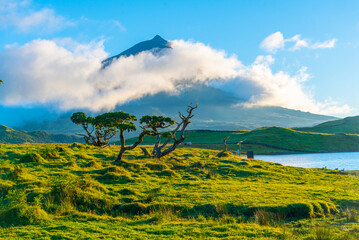 Pico mountain viewed behind Lagoa do Capitao, Azores, portugal