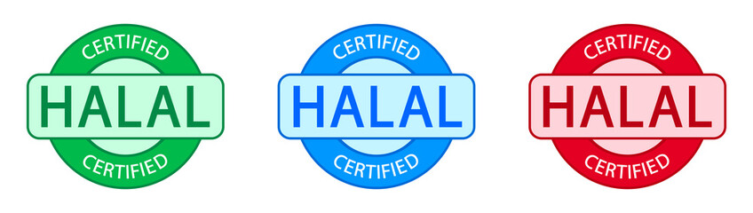 Set of Halal food products label, badge or logo. Vector Halal sign certificate tag. Round icon. Sticker design