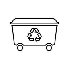 Dumpster line icon. Big movable garbage or waste container with recycling sign. Vector Illustration