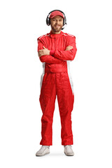 Member of a racing team with headphones and a red suit