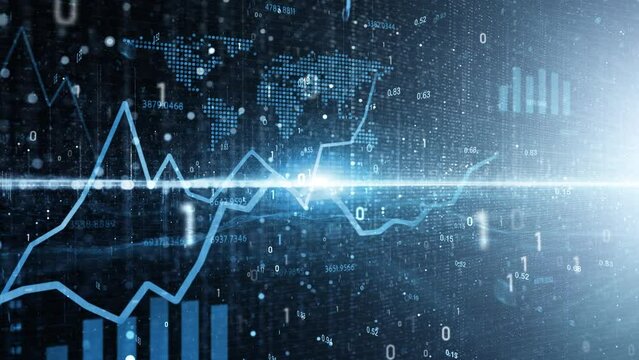 Blue digital business graphs with binary data animation.