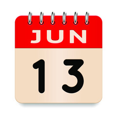 13 day of the month. June. Flip old formal calendar. 3d daily icon. Date. Week Sunday, Monday, Tuesday, Wednesday, Thursday, Friday, Saturday. Cut paper. White background. Vector illustration. 