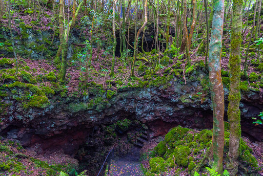 Steep staircase leading to gruta das torres cave at Pico island, Azores, Portugal
