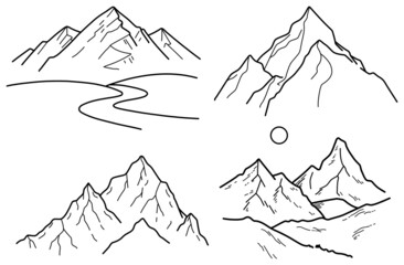 Set of 4 mountain range hiking landscape vector line art svg outline