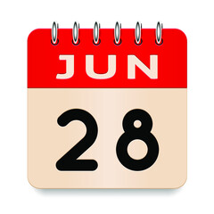 28 day of the month. June. Flip old formal calendar. 3d daily icon. Date. Week Sunday, Monday, Tuesday, Wednesday, Thursday, Friday, Saturday. Cut paper. White background. Vector illustration. 