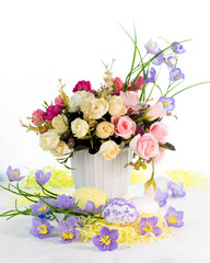 Happy Easter.Bouquet of flowers and Easter eggs.Place for text.
