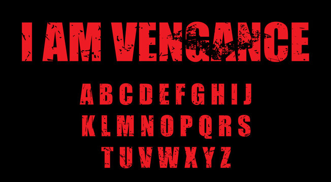 Vigilante Font. Alphabet in grunge 90s style. Bloody red letters. Typography for crime, drama and movies. 