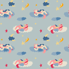  Fairytale unicorn sleeps. Seamless pattern.
