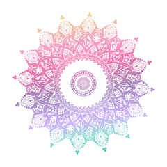 mandala gradient in pink, blue, green, on a white background, blank, symbol, oriental ornament