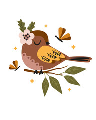 poster with cute bird and butterfly