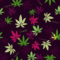  medical hemp, leaves green, purple on a dark background with text. Seamless pattern © LypoVa