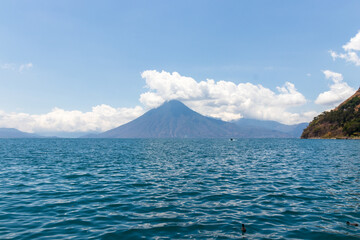 Fototapeta na wymiar view of lake atitlan and volcano from the village of santa cruz la laguna, guatemala