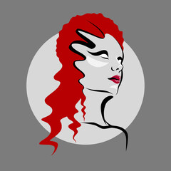 Minimalistic portrait of a woman with long red wavy hair and bright makeup.