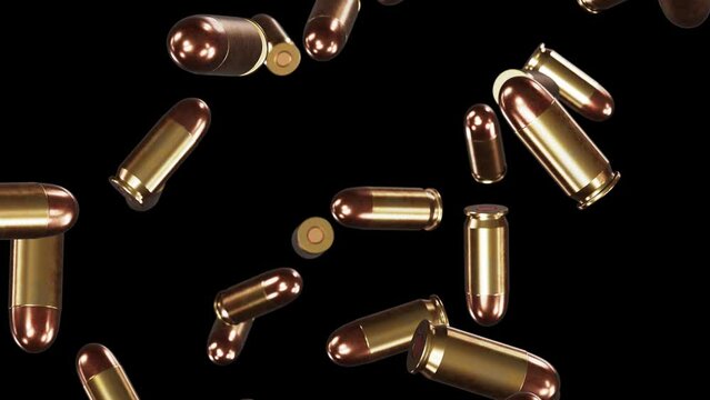Realistic looping 3D animation of the firearm hand gun 9 mm cartridges falling from the top rendered in UHD with alpha matte