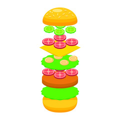 Abstract Flat Fast Food Disassembled Hamburger Cheeseburger Meal Background Vector Design Style Cooking, Breakfast