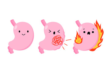 Stomach. Healthy and ailing stomach. Cartoon internal organs. Gastritis and inflammation. Improper diet, acid, infection. Vector illustration isolated on white background.