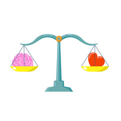 Scales weighing brain and heart. Balance, mind, logic and emotion concept. Balance, mental health. Vector illustration of scales on a white background.
