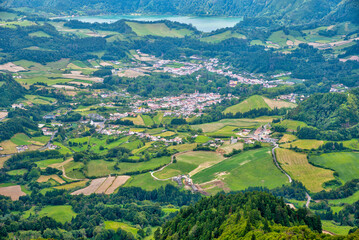 Aerial view of Furnas town at Sao Miguel island, Azores, Portugal