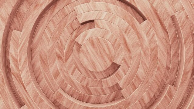 Realistic abstract looping 3D animation of the clock-style moving textured wood rings radial pattern rendered in UHD