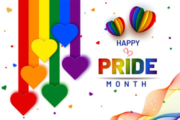 happy pride month banner illustration with heart shapes - obrazy, fototapety, plakaty