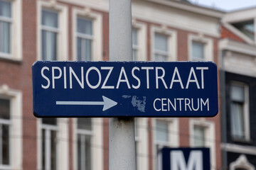 Fototapeta na wymiar Street Sign Spinoza Street At Amsterdam The Netherlands 8-2-2022