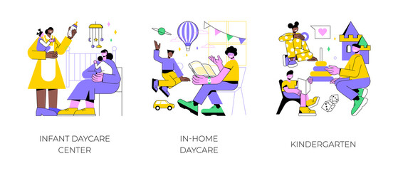 Childcare services abstract concept vector illustration set. Infant daycare center, in-home daycare, kindergarten, early kid development, nursery home, toddler early education abstract metaphor.