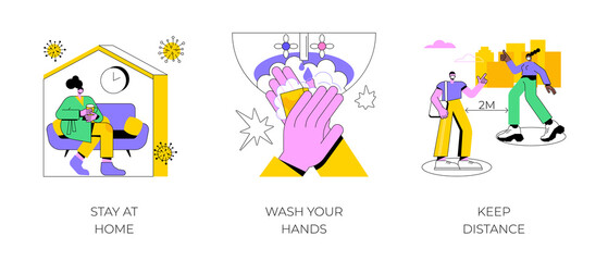 Covid19 outbreak abstract concept vector illustration set. Stay at home, wash your hands, keep distance, hand sanitizer, self protection, wear mask, distance working, home office abstract metaphor.