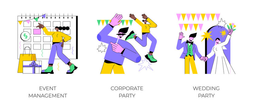 Entertainment service abstract concept vector illustration set. Event management, corporate and wedding party, meeting organizer, planning service, team building, celebration abstract metaphor.