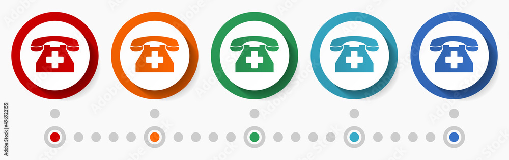 Poster Emergency call, phone concept vector icon set, infographic template, flat design colorful web buttons in 5 color options