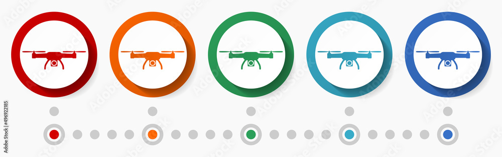 Fototapete Drone concept vector icon set, infographic template, flat design colorful web buttons in 5 color options