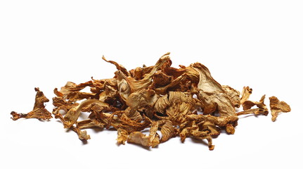 Dried chanterelle mushroom, (Cantharellus cibarius) isolated on white