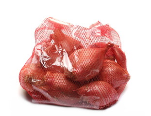 Shallot packed in plastic bag isolated on white